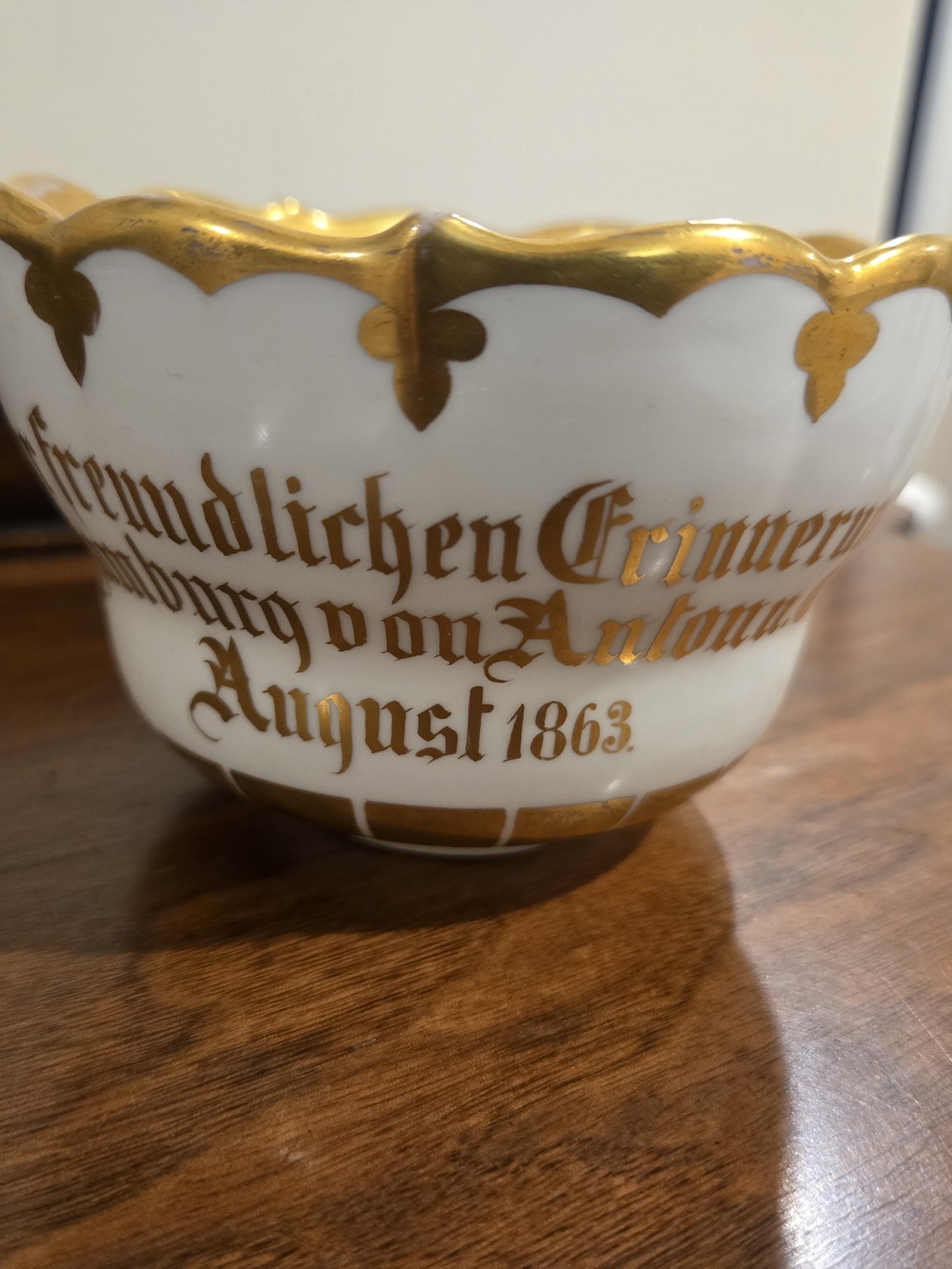 Antique White and Gold Porcelain Commemorative Bowl German Design Dated 1863